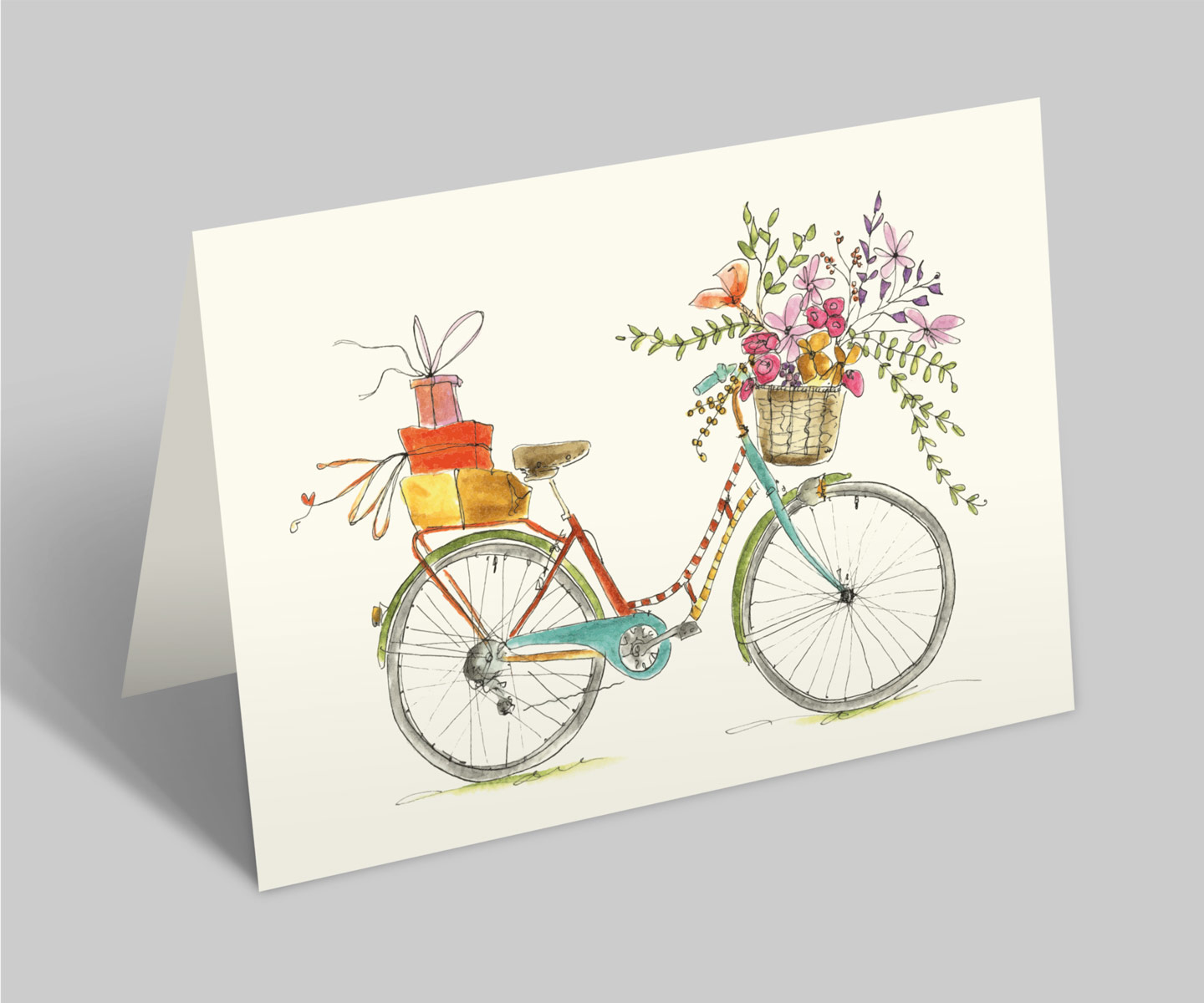 Klappkarte | Wundervolles Blumenrad | buntes Fahrrad mit Geschenken und Strauß