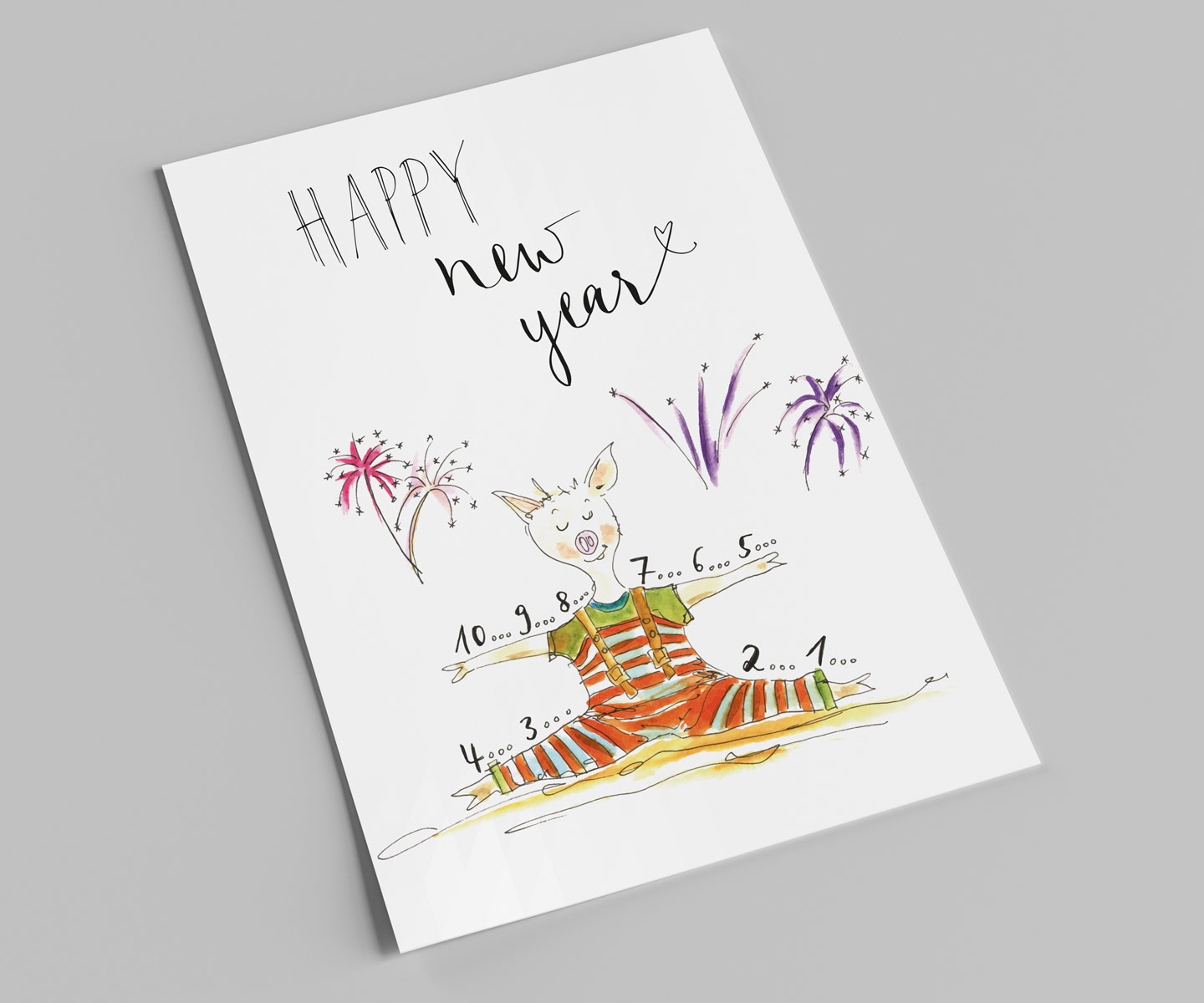 Postkarte | Happy New Year | buntes Yoga Schwein  | Silvester- und Neujahrskarte 